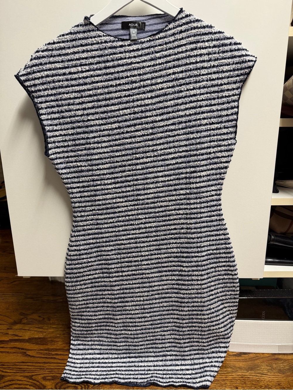 Aqua Black and White Striped Knit Mini Dress